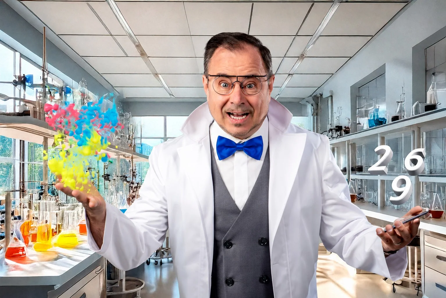 Professeur Alchimus dans son laboratoire, entouré de fioles et de nuages colorés